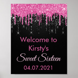 Chic Sweet 16 Pink Black Glitter Party Welcome Pos Poster