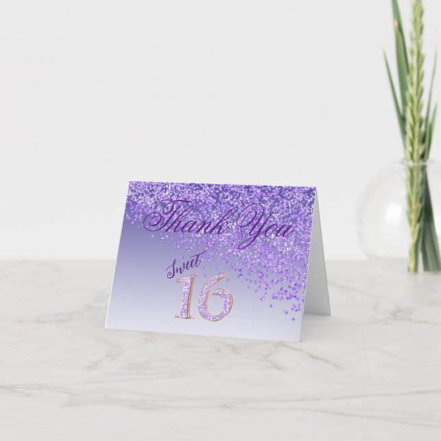 Chic Sweet 16 Purple Glitter Thank You Card (Front)