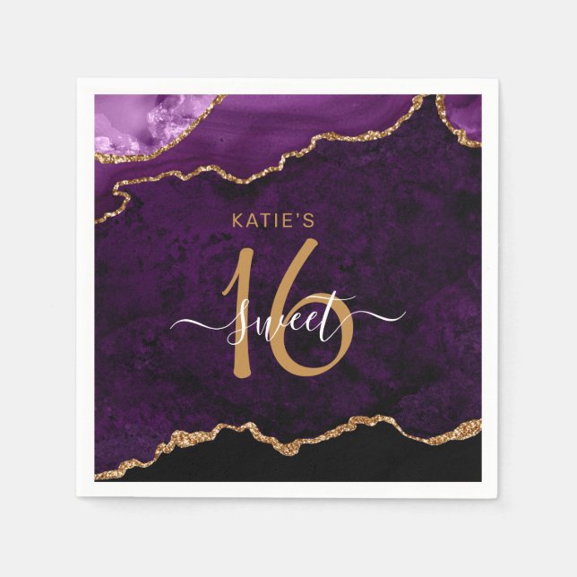 Chic Sweet 16 Purple Gold Agate Custom Name Party Napkin (Front)