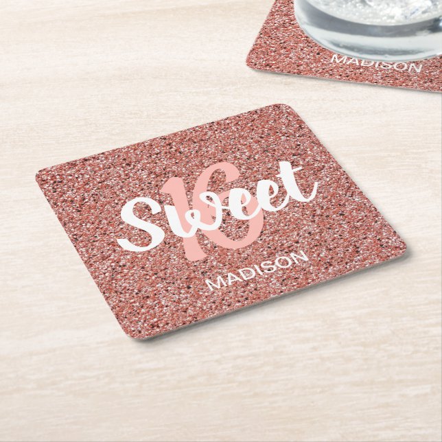 Chic Sweet 16 Rose Gold Pink Glitter Personalised Square Paper Coaster (Angled)