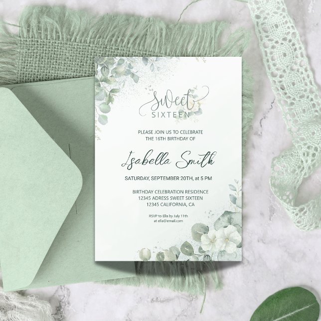 Chic Sweet 16 Roses Botanical Greenery Birthday Invitation (Creator Uploaded)