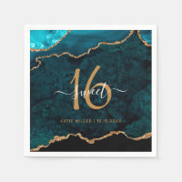 Chic Sweet 16 Teal Gold Agate Custom Name Party