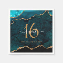 Chic Sweet 16 Teal Gold Agate Custom Name Party