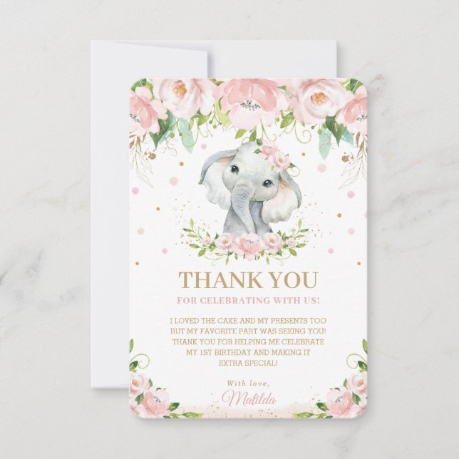 Chic Sweet Elephant Blush Pink Floral 1st Birthday Thank You Card (Front)