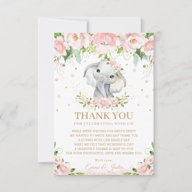 Chic Sweet Elephant Pink Floral Baby Shower Thank You Card (Front)