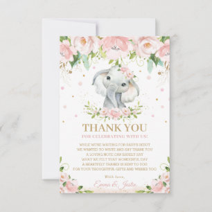 Chic Sweet Elephant Pink Floral Baby Shower Thank You Card