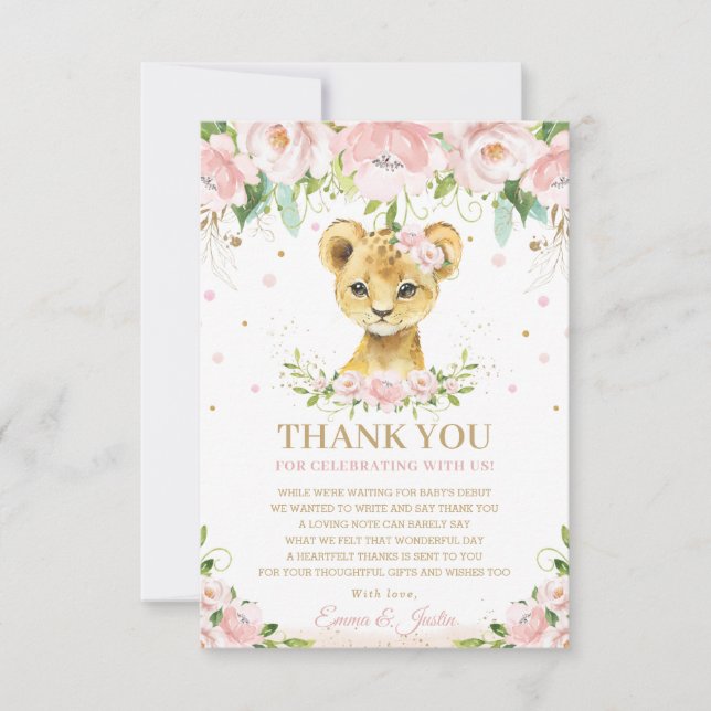 Chic Sweet Lion Blush Pink Floral Baby Shower Thank You Card (Front)