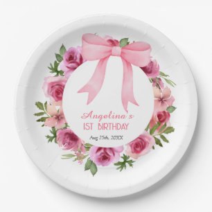 Chic Sweet Pink Bow Rose Floral Birthday Paper Plate
