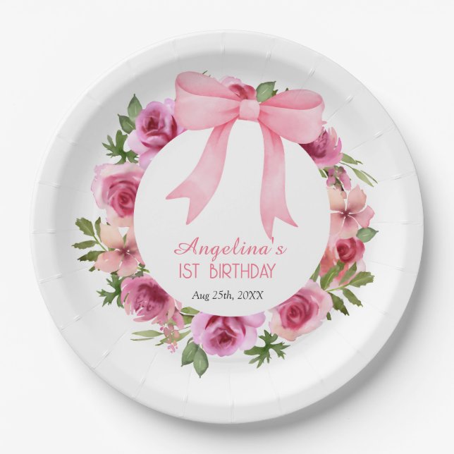 Chic Sweet Pink Bow Rose Floral Birthday Paper Plate (Front)