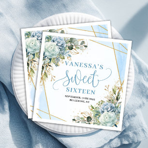 Chic Sweet Sixteen Blue and Gold Floral Table  Napkin