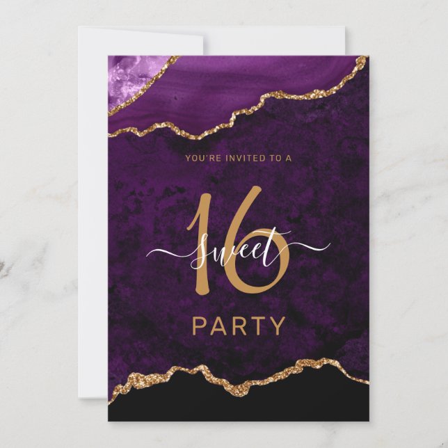Chic Sweet Sixteen Purple Gold Agate Party Invitation (Front)
