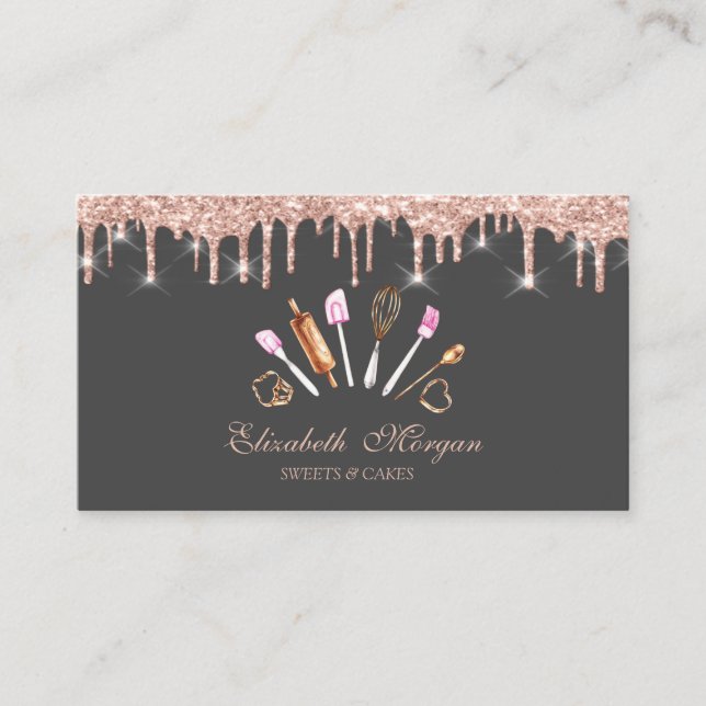 Chic Sweets Cupcake Rose Gold Drips Bakery Tools Business Card (Front)