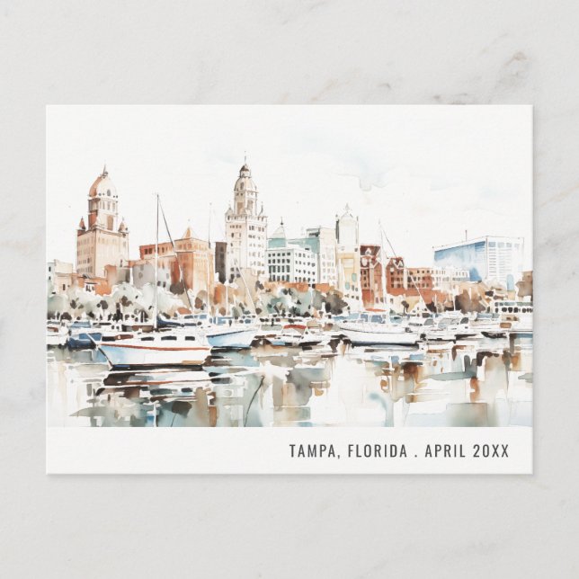 Chic Tampa Florida Skyline Watercolor Travel Postcard (Front)