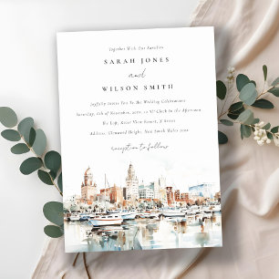 Chic Tampa Florida Skyline Watercolor Wedding Invitation