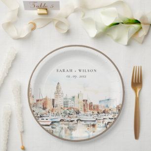 Chic Tampa Florida Skyline Watercolor Wedding Paper Plate
