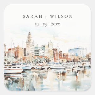 Chic Tampa Florida Skyline Watercolor Wedding Square Sticker
