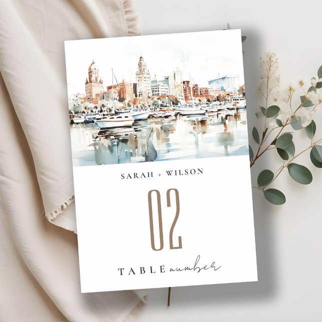 Chic Tampa Florida Skyline Watercolor Wedding Table Number (Creator Uploaded)