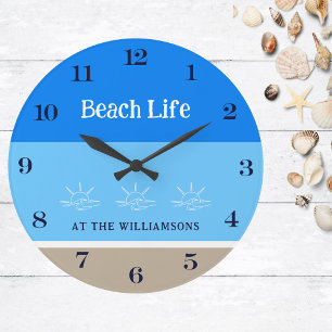 Chic Tan Blue Stripes Family Name Beach House Large Clock