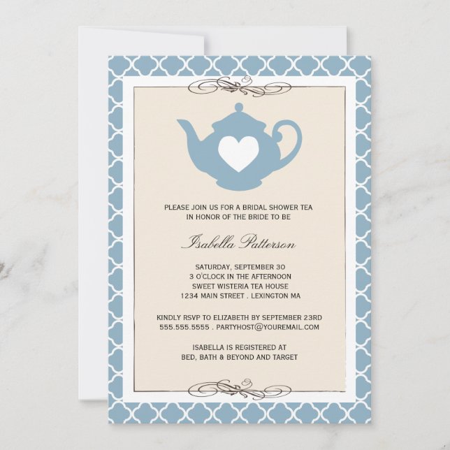 Chic Tan & Blue Teapot Bridal Shower Tea Party Invitation (Front)