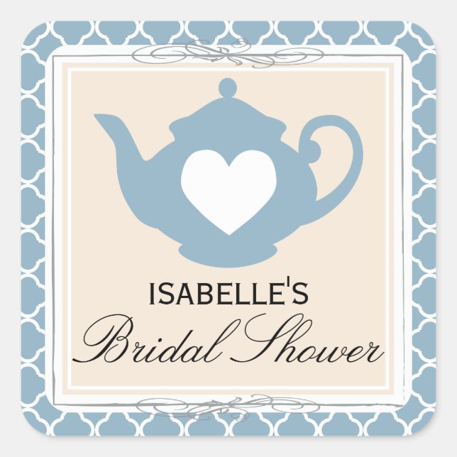 Chic Tan & Blue Teapot Bridal Shower Tea Party Square Sticker (Front)