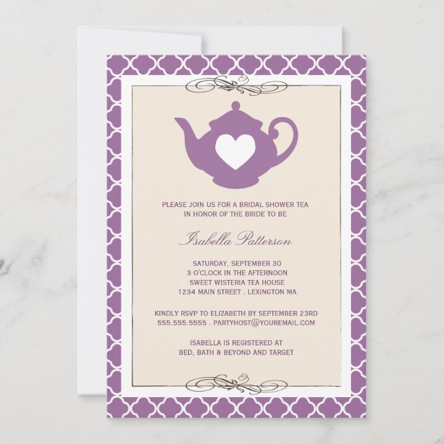 Chic Tan & Purple Teapot Bridal Shower Tea Party Invitation (Front)