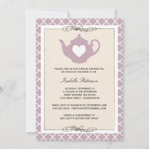 Chic Tan & Purple Teapot Bridal Shower Tea Party Invitation
