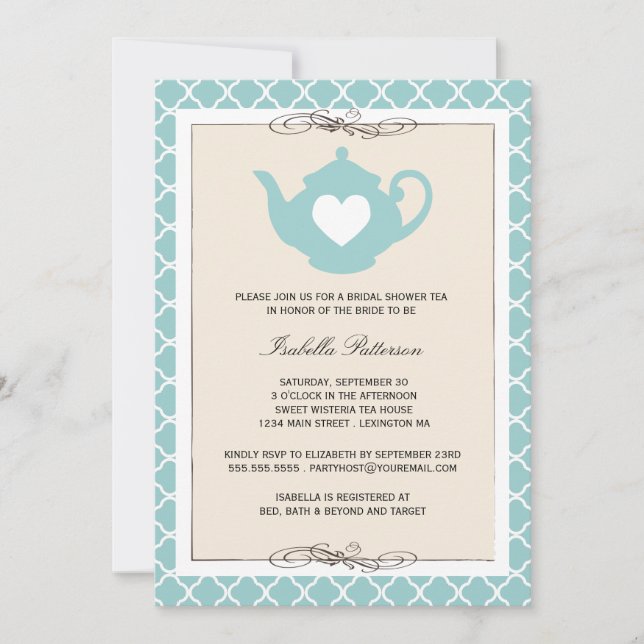 Chic Tan & Teal Teapot Bridal Shower Tea Party Invitation (Front)