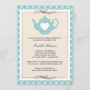 Chic Tan & Teal Teapot Bridal Shower Tea Party Invitation