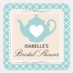 Chic Tan & Teal Teapot Bridal Shower Tea Party Square Sticker