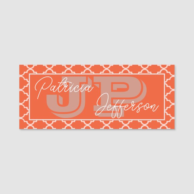 Chic Tangerine Orange Quatrefoil Monogram Name Tag (Front)
