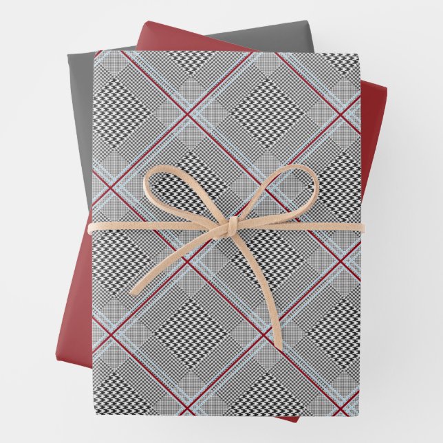 Chic Tartan Burgundy, Black and White Wrapping Paper Sheet (In situ)