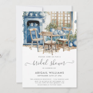Chic Tea Party Blue White Greenery Bridal Shower Invitation