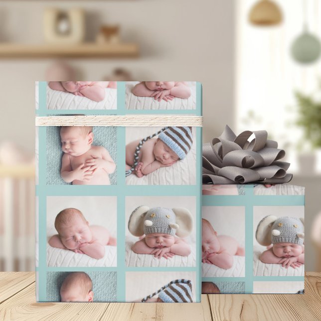 Chic Teal 4 Baby Photo Collage Custom Birthday Wrapping Paper (Creator Uploaded)