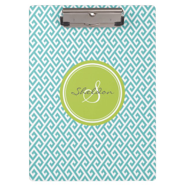Chic teal abstract geometric pattern monogram clipboard (Front)