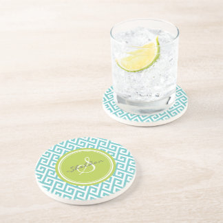 Chic teal abstract geometric pattern monogram coaster