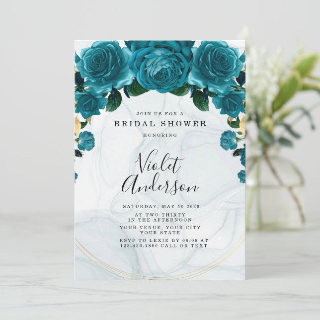 Chic Teal and Gold Peony Bridal Shower Invitation (Standing Front)