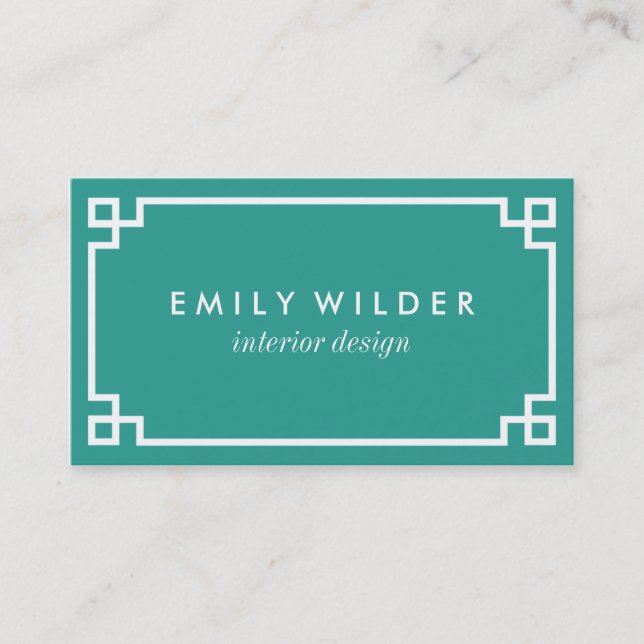 Chic Teal and White Greek Key Business Card (Front)