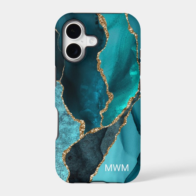 Chic Teal Aqua Turquoise Gold Veins Agate Monogram (Back)