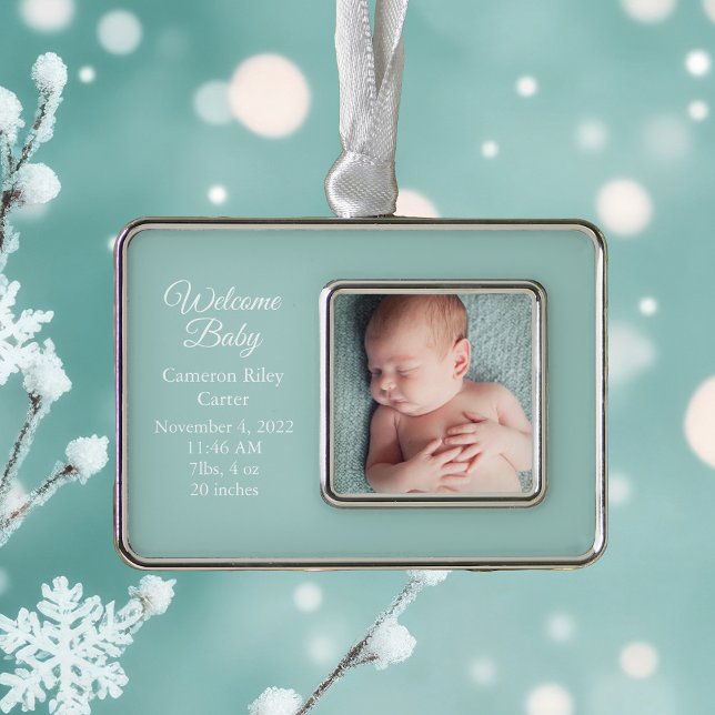 Chic Teal Baby Newborn Photo Keepsake Gift Silver Plated Framed Ornament (Creator Uploaded)