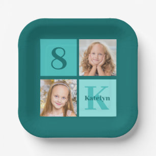 Chic Teal Birthday Party Custom Photo Collage Paper Plate