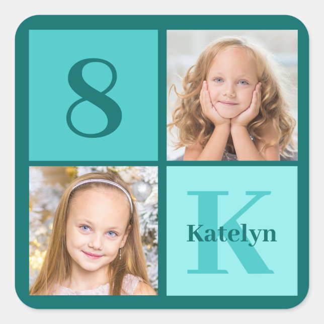 Chic Teal Birthday Party Custom Photo Collage Square Sticker (Front)