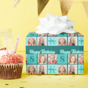 Chic Teal Birthday Party Custom Photo Collage Wrapping Paper