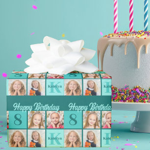 Chic Teal Birthday Party Custom Photo Collage Wrapping Paper