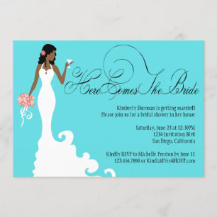 Chic Teal Black Coral Here Comes the Bride Invitation