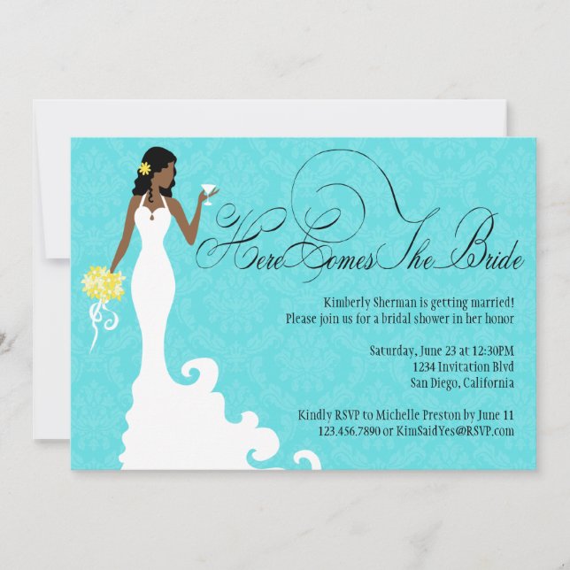 Chic Teal Black Yellow Damask Here Comes the Bride Invitation (Front)