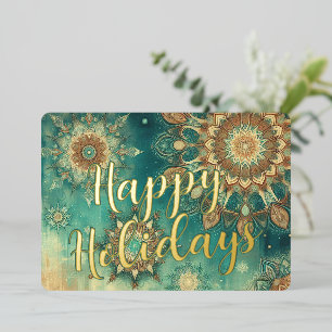 Chic Teal Blue Abstract Snowflake Floral Art Gold Foil Holiday Card