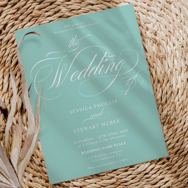 Chic teal blue all in one calligraphy wedding invitation (Chic teal blue all in one calligraphy wedding invitation)