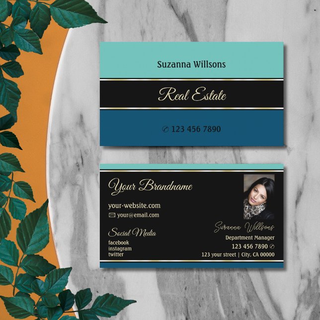 Chic Teal Blue Borders on Black with Photo Stylish Business Card (Creator Uploaded)