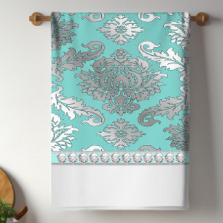 Chic Teal Blue Damask Kitchen Towels