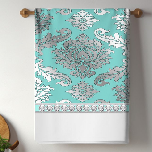 Chic Teal Blue Damask Kitchen Towels (Pretty teal blue and silver diamond kitchen towel. You can add text to personalize.)